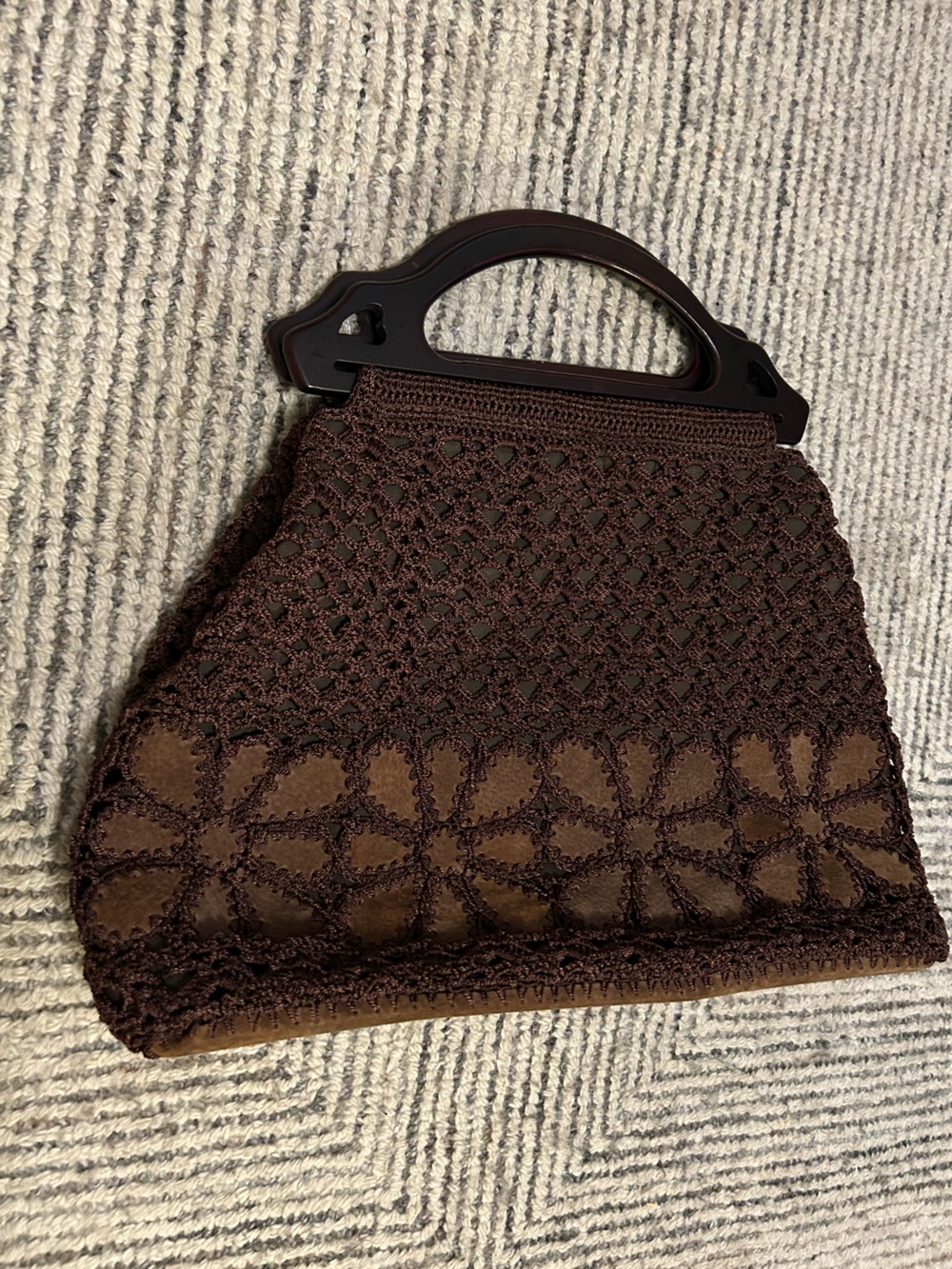 Nine West Brown Crochet Handbag Wood Handle Leather Boho Vintage Y2K Cottagecore